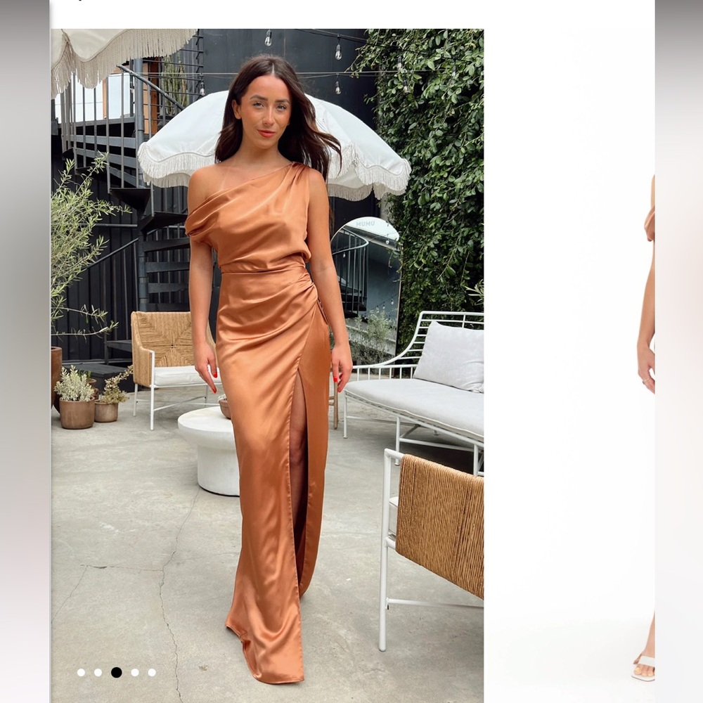 Show Me Your Mumu Copper Satin Jodie Dress with Slit